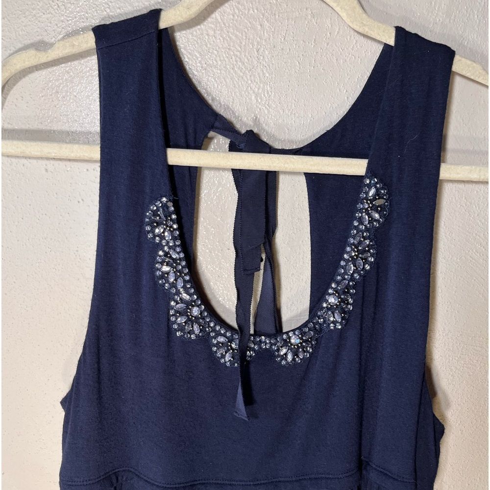 Navy LOFT Dress Sz L Jeweled neckline Ribbon ties on back low cut back